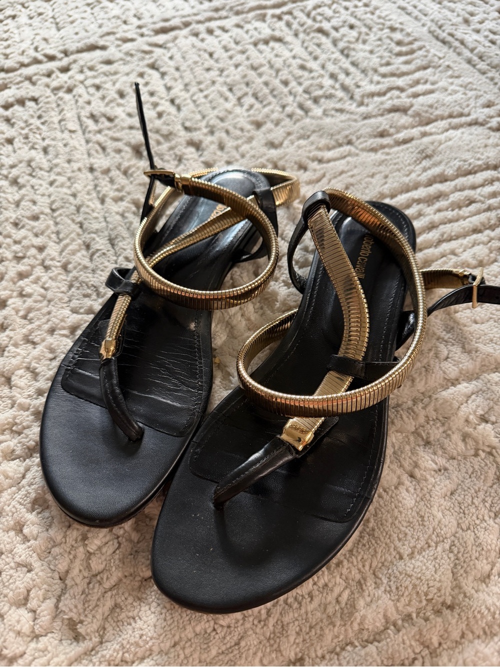 Roberto Cavalli Black and Gold Leather Thong Sandals